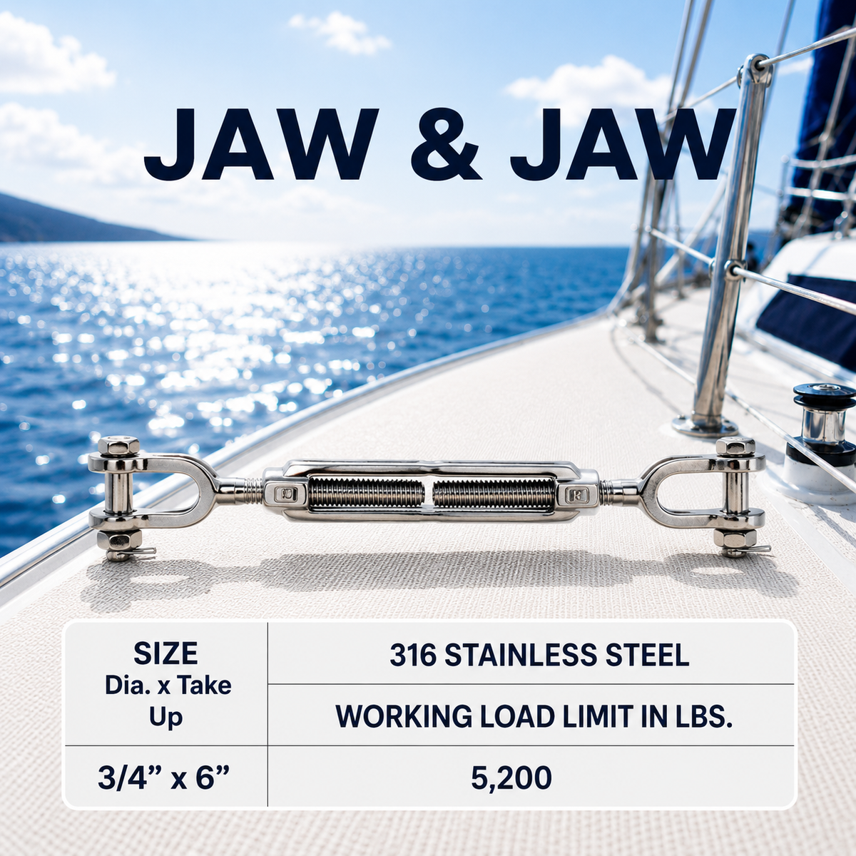 T316 Stainless Steel Hook Hook and Jaw Jaw Turnbuckle, Marine Swivel Lift Rigging Tensioner for Cable, Chain, and Rope