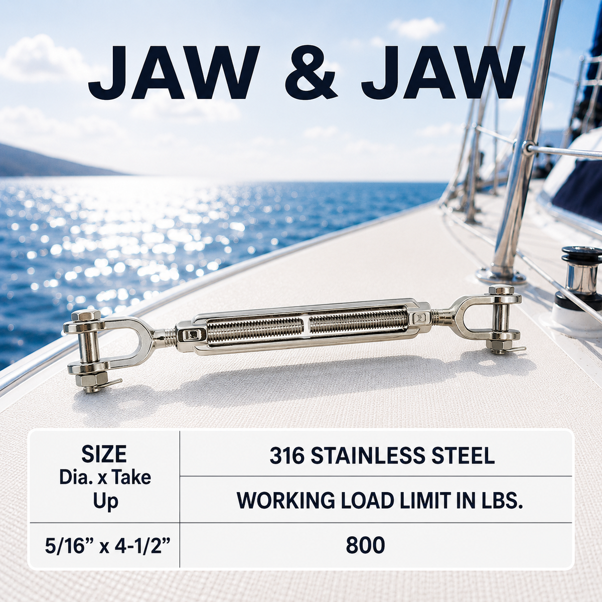 T316 Stainless Steel Hook Hook and Jaw Jaw Turnbuckle, Marine Swivel Lift Rigging Tensioner for Cable, Chain, and Rope