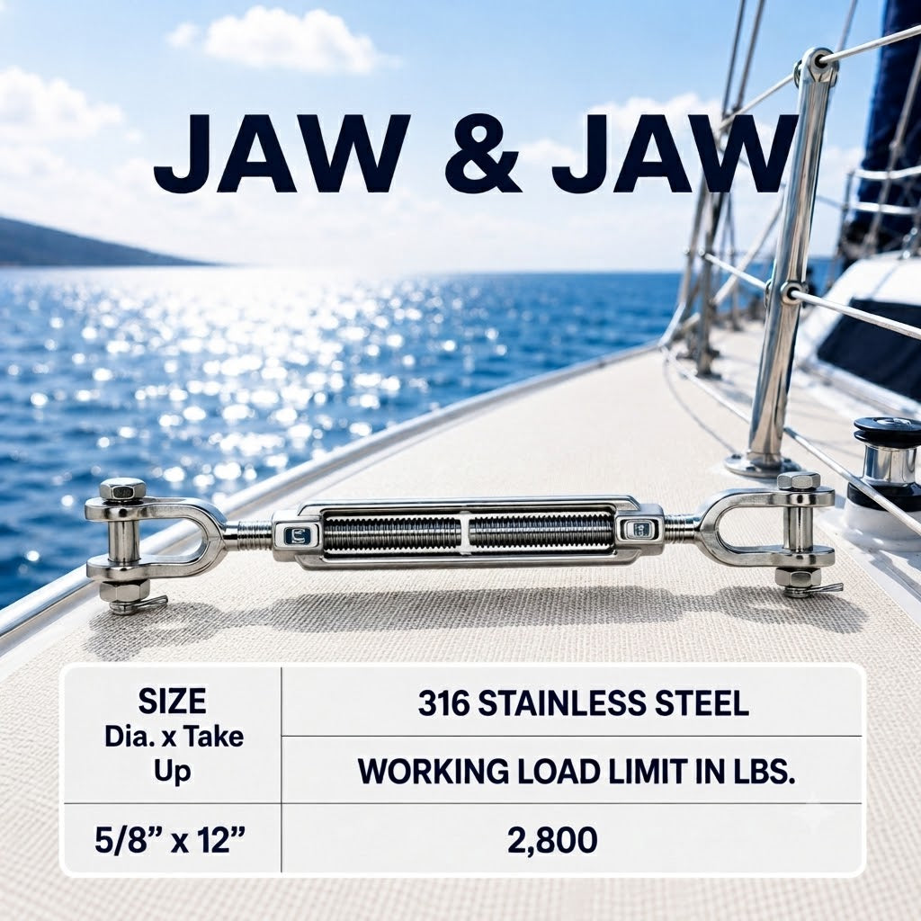 T316 Stainless Steel Hook Hook and Jaw Jaw Turnbuckle, Marine Swivel Lift Rigging Tensioner for Cable, Chain, and Rope
