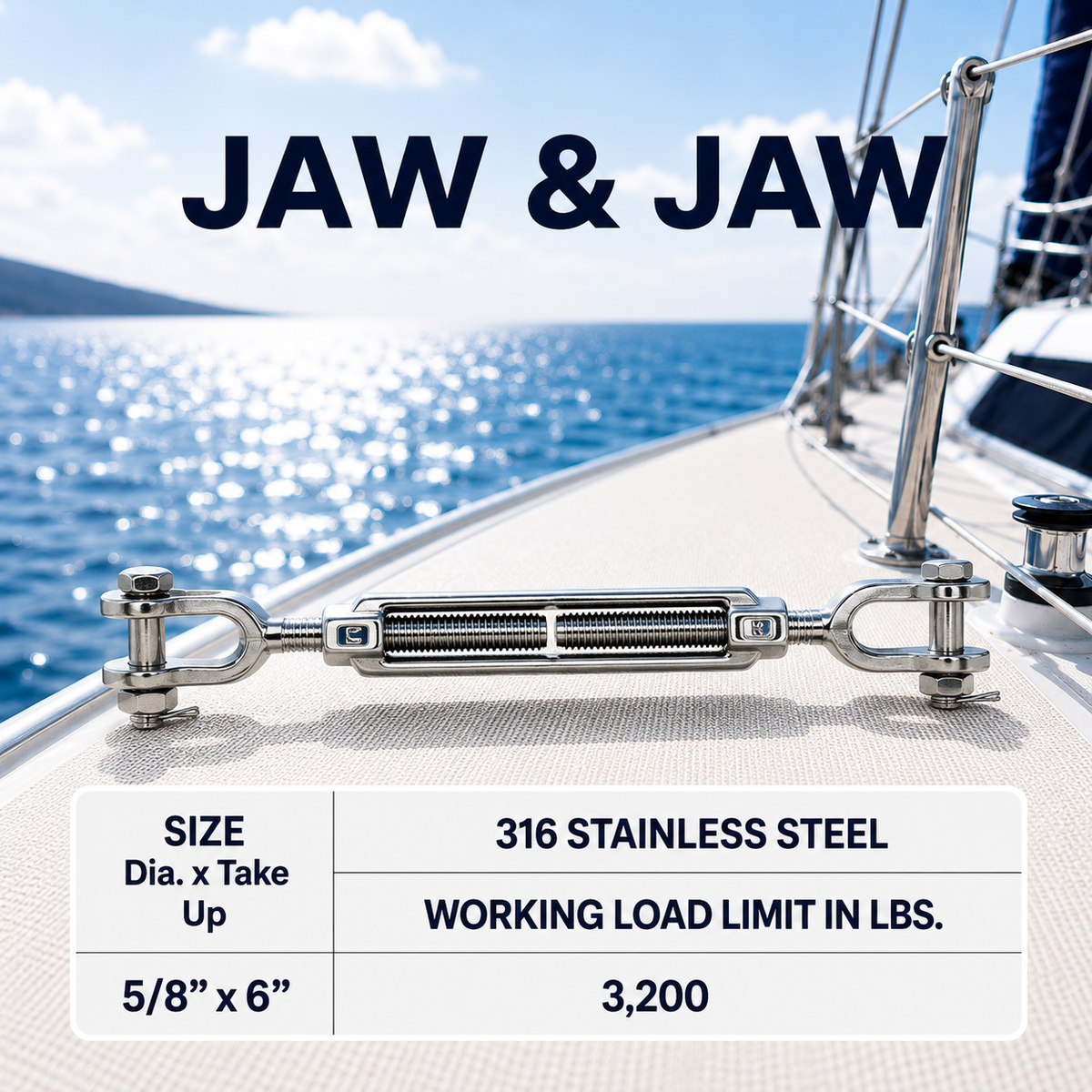 T316 Stainless Steel Hook Hook and Jaw Jaw Turnbuckle, Marine Swivel Lift Rigging Tensioner for Cable, Chain, and Rope