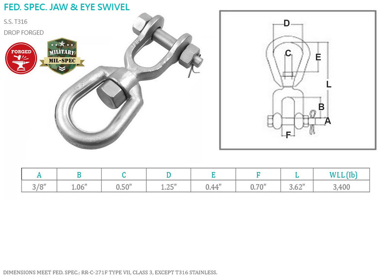 T316 Stainless Steel Drop Forged Mil Spec Jaw & Eye Marine Morring Swivels
