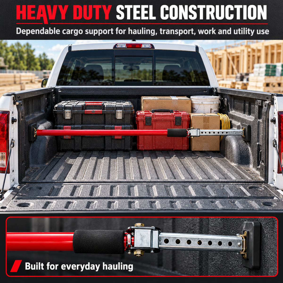 Adjustable Truck Bed Cargo Support Bar 57"–102" Heavy Duty Telescoping Load Stabilizer Rod, Non-Slip Rubber Pads, Rust-Resistant Steel, Fits Most Pickup Beds