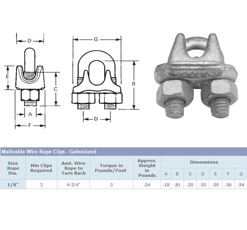 2 Pc 1/8" Marine Galvanized Drop Forged  Wire Rope Clip Cable Clamp