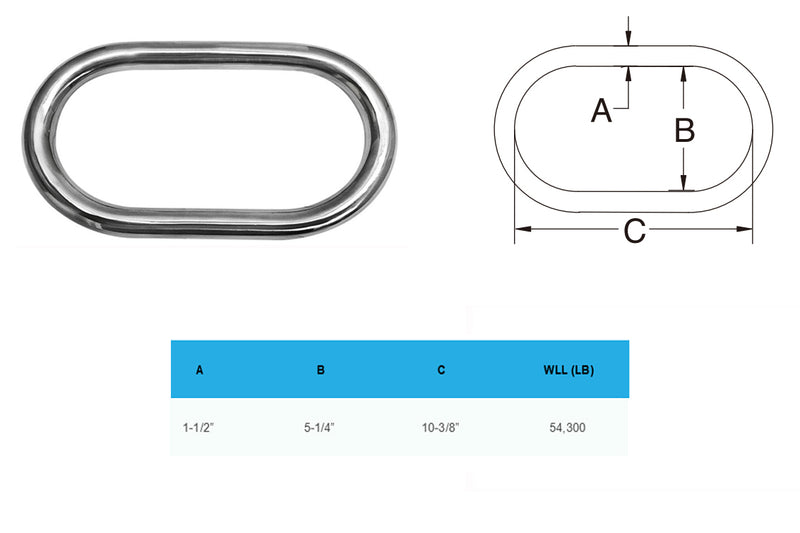 Marine Stainless Steel 1-1/2" Master Link Welded Formed Boat WLL 54,300 Lbs SS316