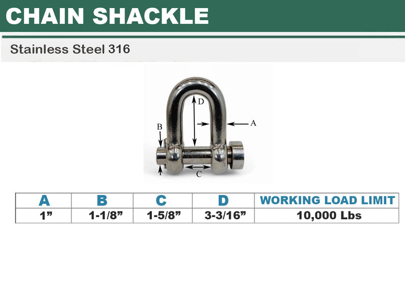 Marine Mil-Spec Stainless Steel Forged 1" Round Pin Chain Shackle 10,000 Lb WLL