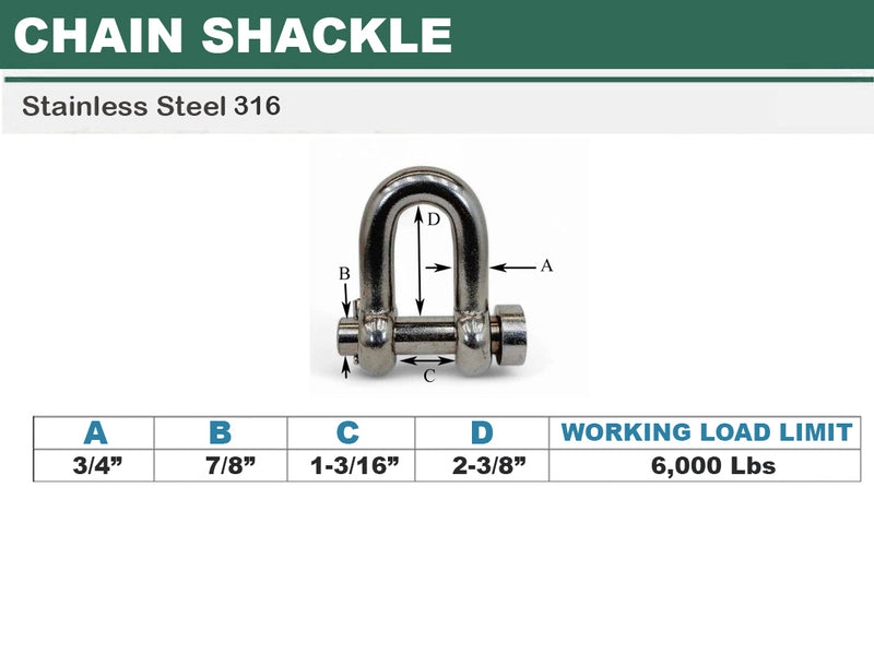 Marine Mil-Spec Stainless Steel Forged 3/4" Round Pin Chain Shackle 6,000 Lb WLL