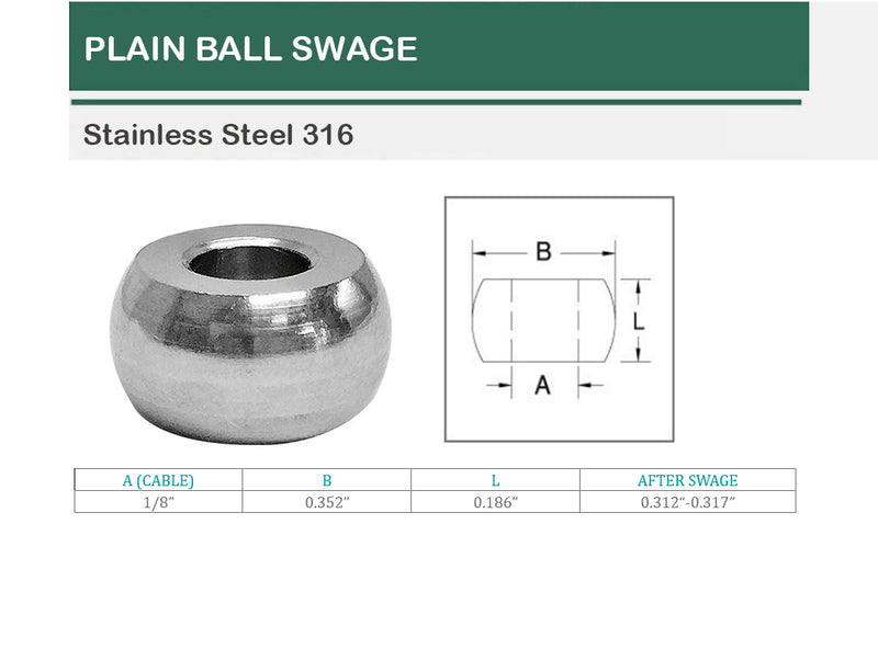 10 Pc 1/8" Stainless Steel 316 Plain Ball Swage Fitting Terminal Cable Wire Rope