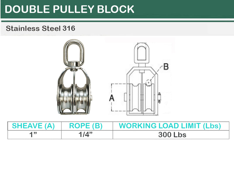 1'' Marine Stainless Steel DOUBLE Pulley w- Swivel Eye Hoist Lifting  300 Lbs