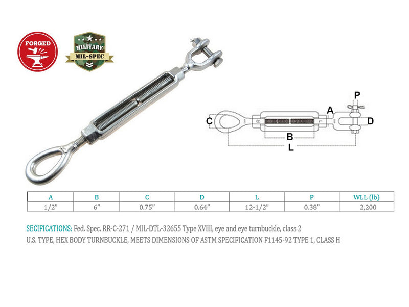 Stainless Steel T316 Mil-Spec Jaw Eye Turnbuckle