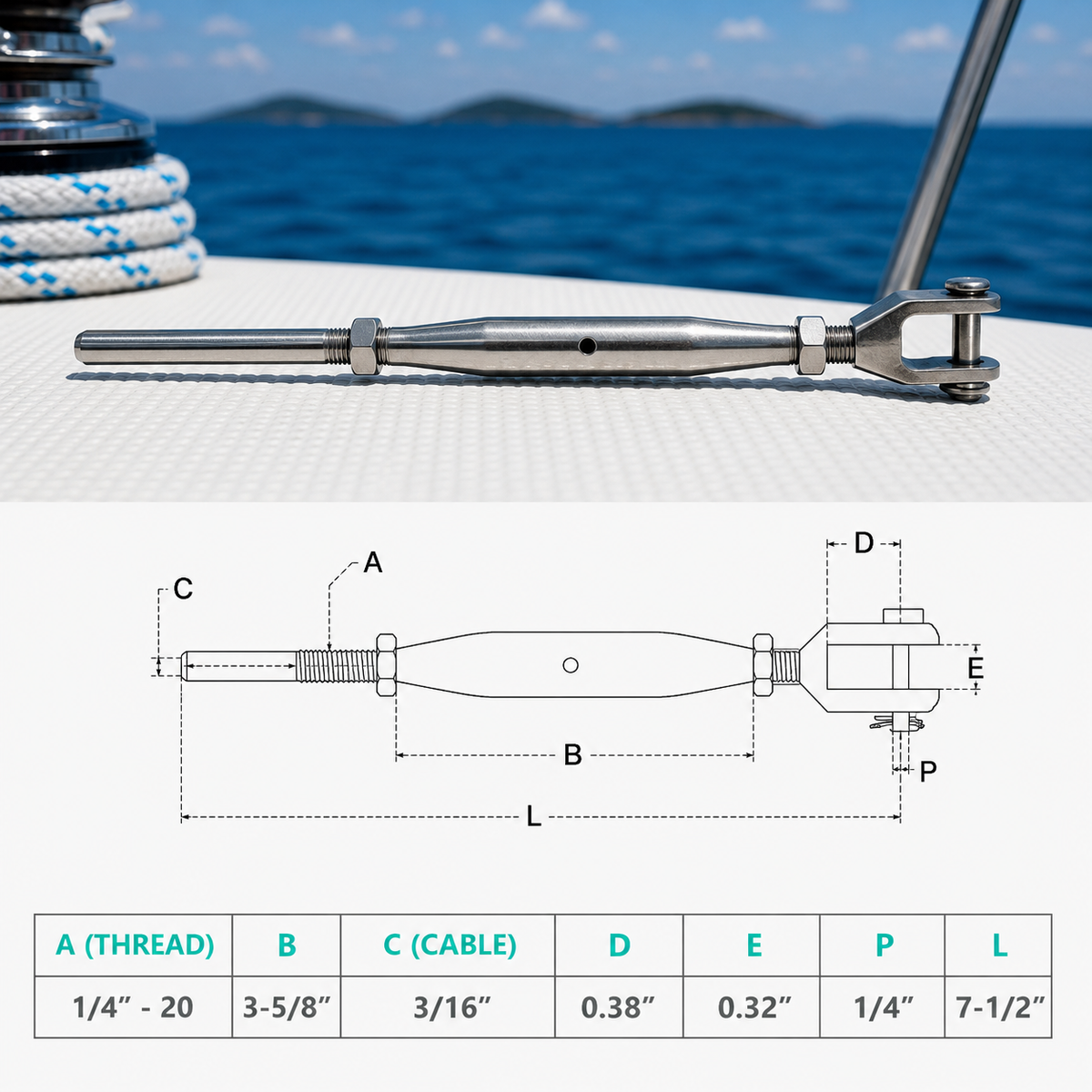 4 Pc Set Marine T316 Stainless Steel 1/4" Thread Fork and Hand Swage Stud Turnbuckle for 1/8" 3/16" Cable Wire