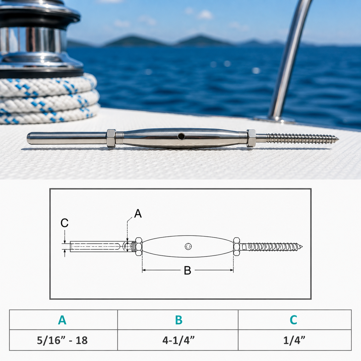 4 Pc Set Marine T316 Stainless Steel Threaded Lag and Swage Stud Turnbuckle, Cable Wire Rope Tensioner