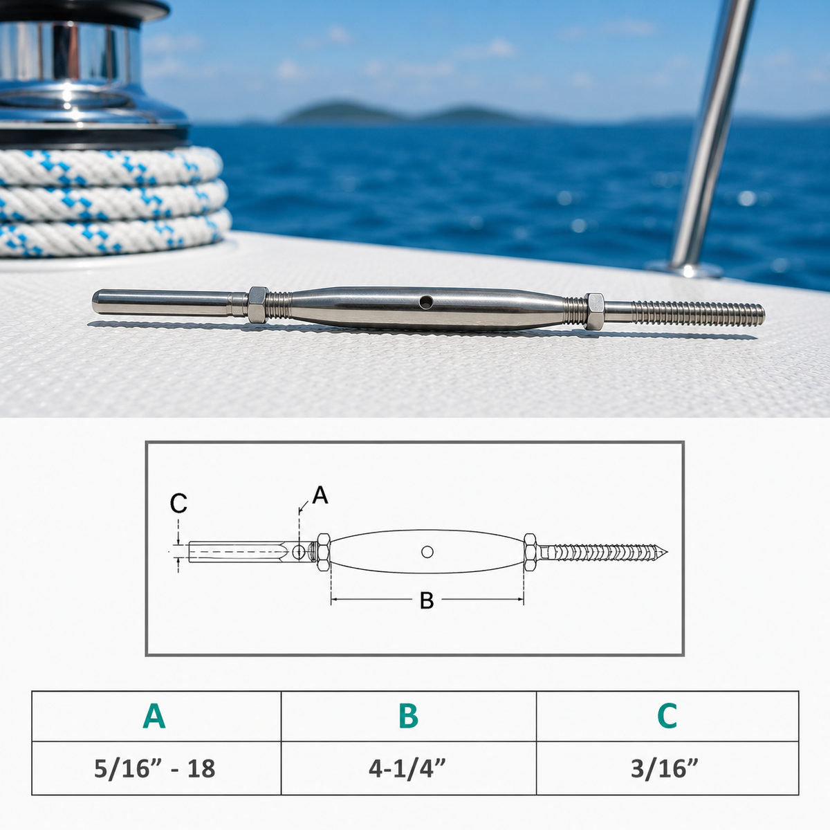 4 Pc Set Marine T316 Stainless Steel Threaded Lag and Swage Stud Turnbuckle, Cable Wire Rope Tensioner