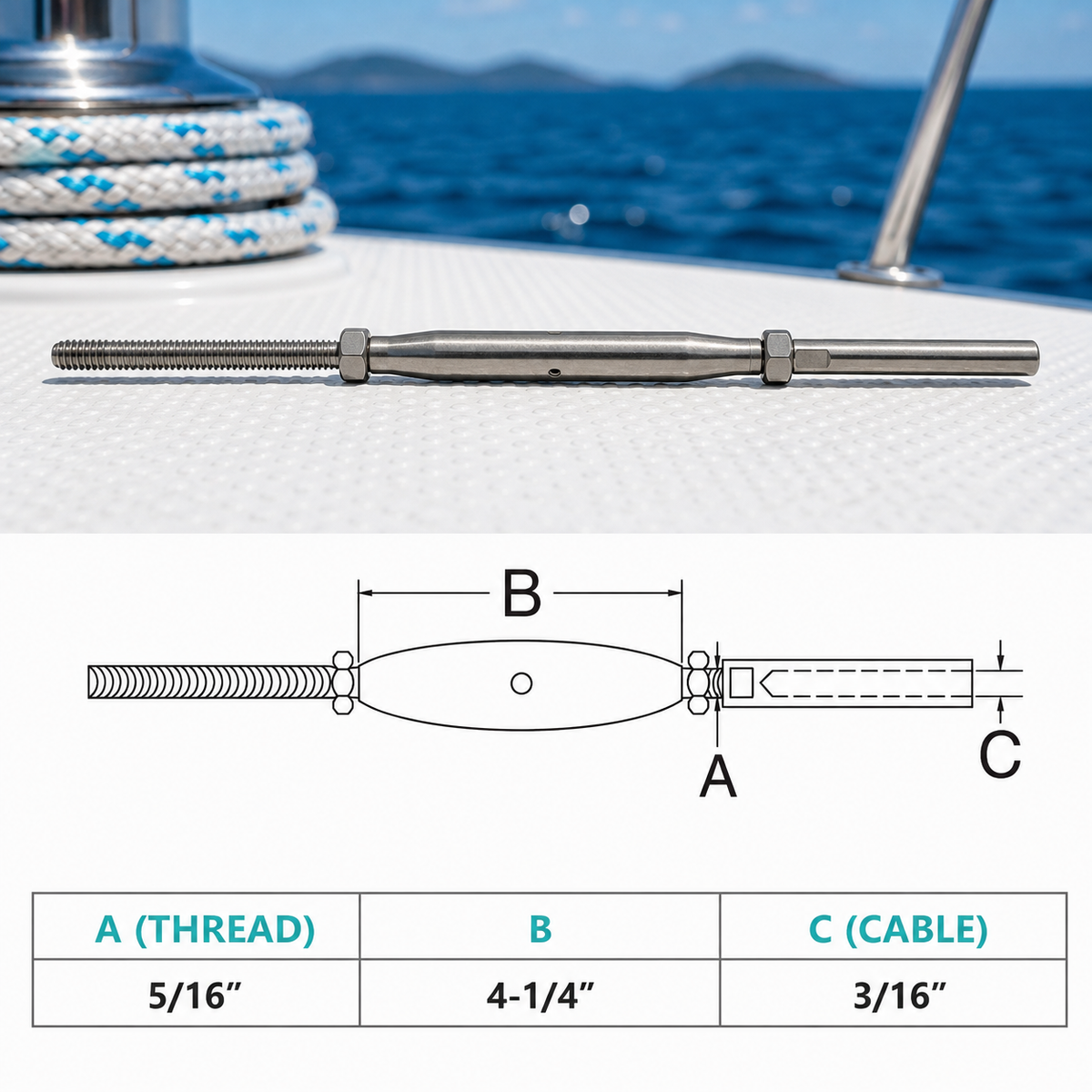 4 Pc Set Marine T316 Stainless Steel Threaded Rod Swage Stud Turnbuckle for Cable Wire