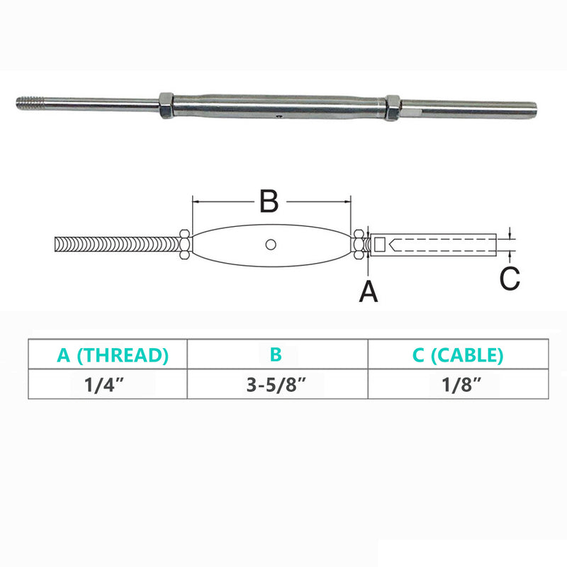 Stainless Steel 1/4" Thread Rod HAND SWAGE Stud Turnbuckle for 1/8", 3/16" Cable