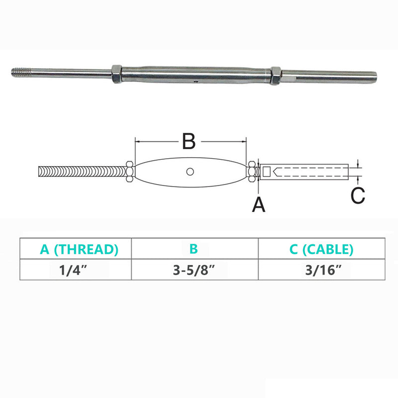 Stainless Steel 1/4" Thread Rod HAND SWAGE Stud Turnbuckle for 1/8", 3/16" Cable
