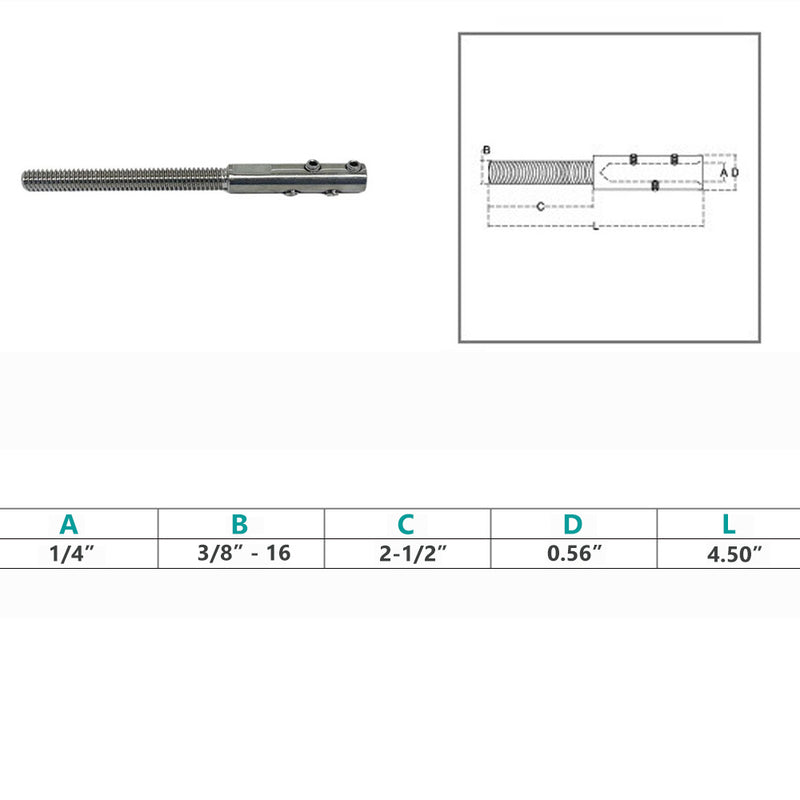 Stainless Steel T316 Set Screw Threaded Stud For 1/8", 3/16", 1/4" Cable Wire