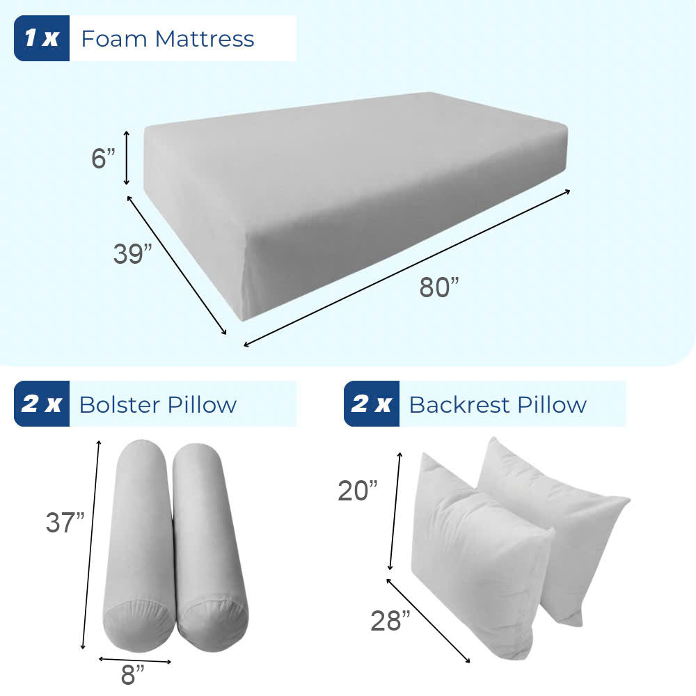 STYLE 1 Twin-XL Size Mattress Foam, Pillow & Bolster Cushion Polyester Fiberfill Inserts for Outdoor Indoor Daybed Porch Swing Bed | INSERT ONLY |