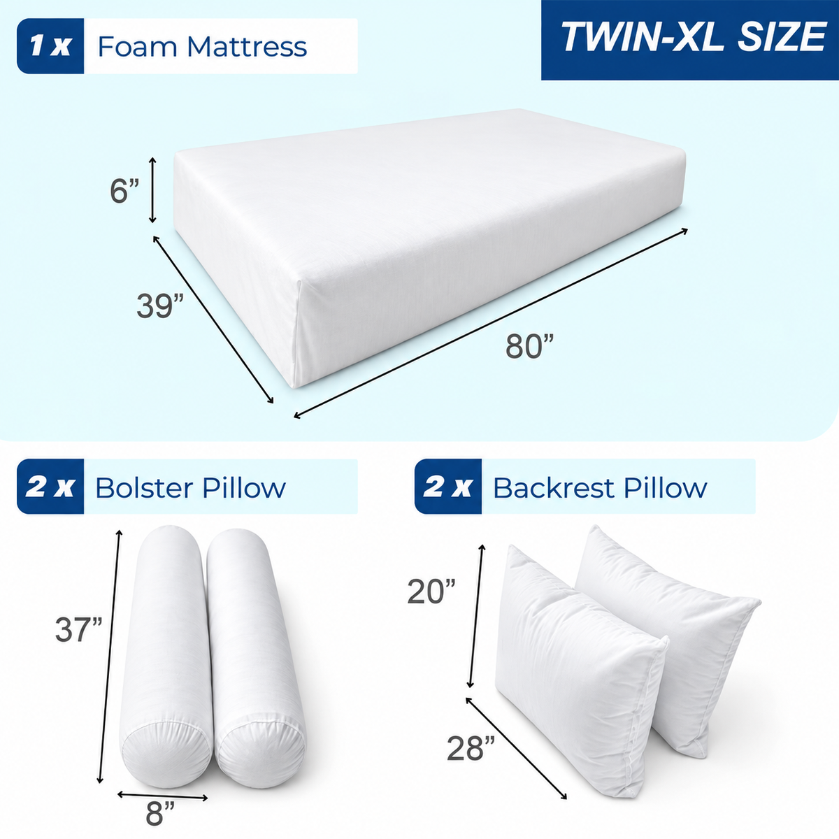 STYLE 4 Twin-XL Size Mattress Foam, Pillow & Bolster Cushion Polyester Fiberfill Inserts for Outdoor Indoor Daybed Porch Swing Bed | INSERT ONLY |