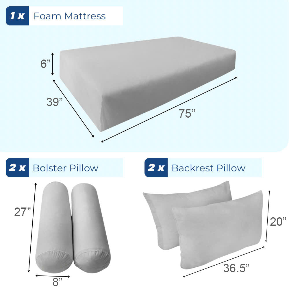STYLE 2 Twin Size Mattress Foam, Pillow & Bolster Cushion Polyester Fiberfill Inserts for Outdoor Indoor Daybed Porch Swing Bed | INSERT ONLY |