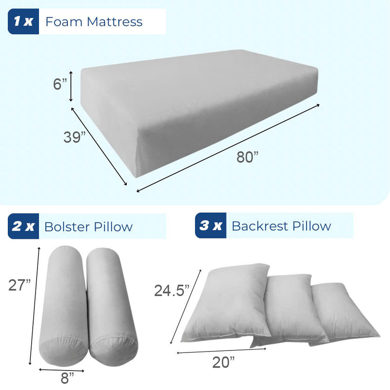 STYLE 3 Twin-XL Size Mattress Foam, Pillow & Bolster Cushion Polyester Fiberfill Inserts for Outdoor Indoor Daybed Porch Swing Bed | INSERT ONLY |