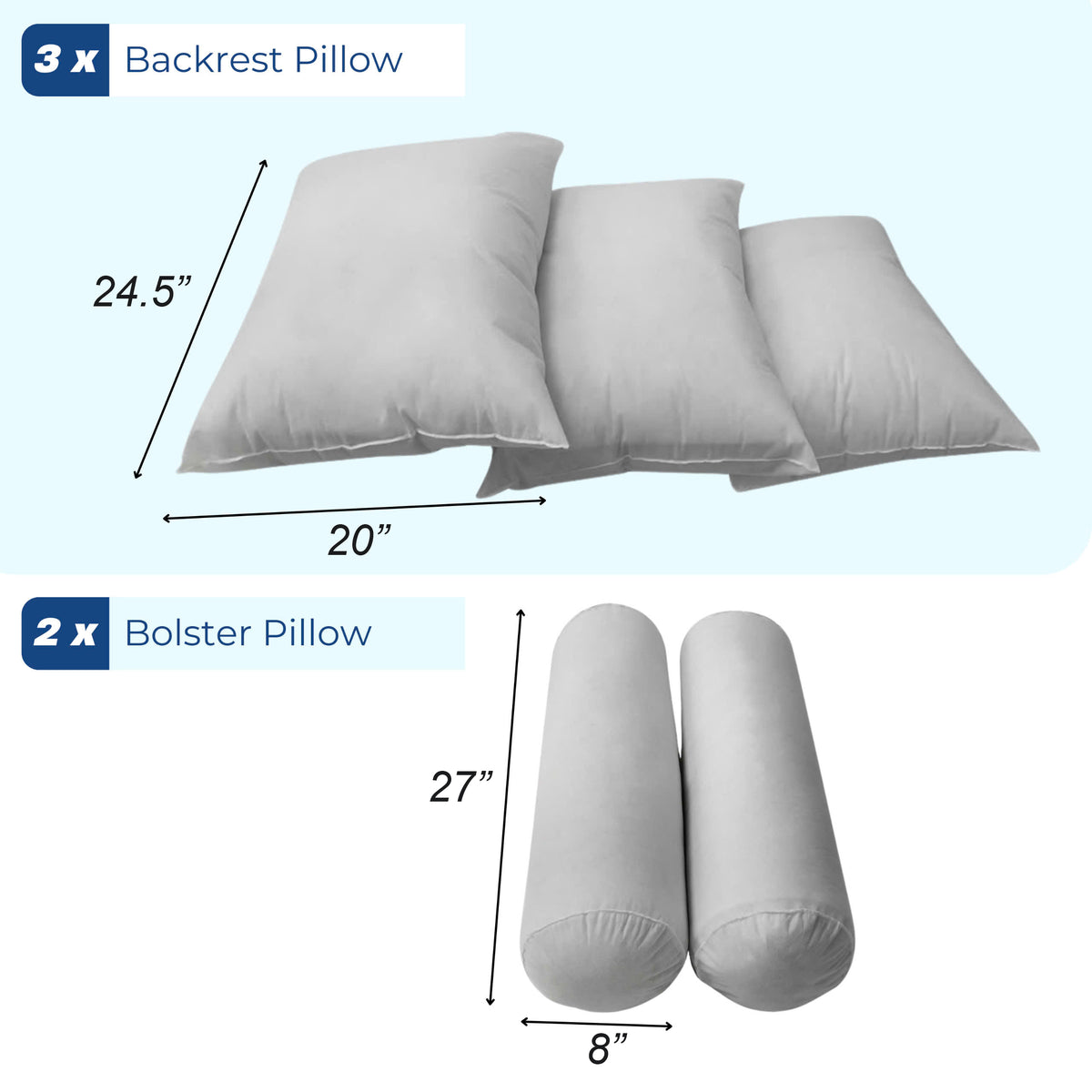 Replacement pillow & bolster cushion inserts for daybed or porch swing bed