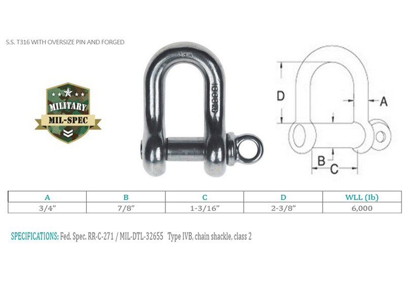 Mil Spec Forged Stainless Steel T316 Screw Pin Chain Shackle