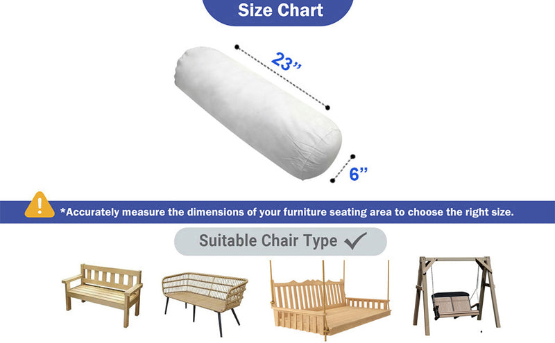Small Size 23" x 6" Outdoor Round Long Bolster Pillow Polyester FiberFill Decorative Bolster for Porch Swing Couch Sofa Cushion |INSERT ONLY|