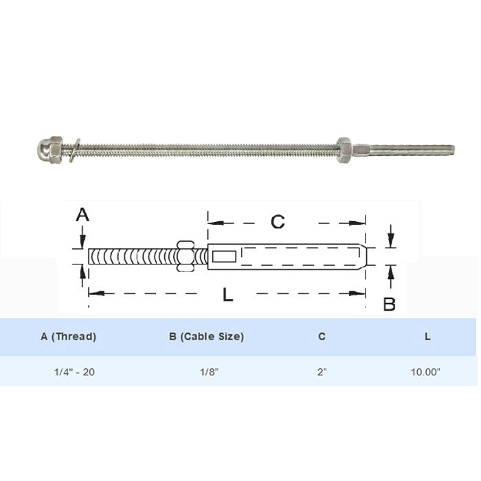 Stainless Steel Swage Threaded Stud End Fitting for 1/8",1/4", 3/16" Cable Rail