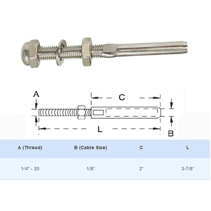 Stainless Steel Swage Threaded Stud End Fitting for 1/8",1/4", 3/16" Cable Rail