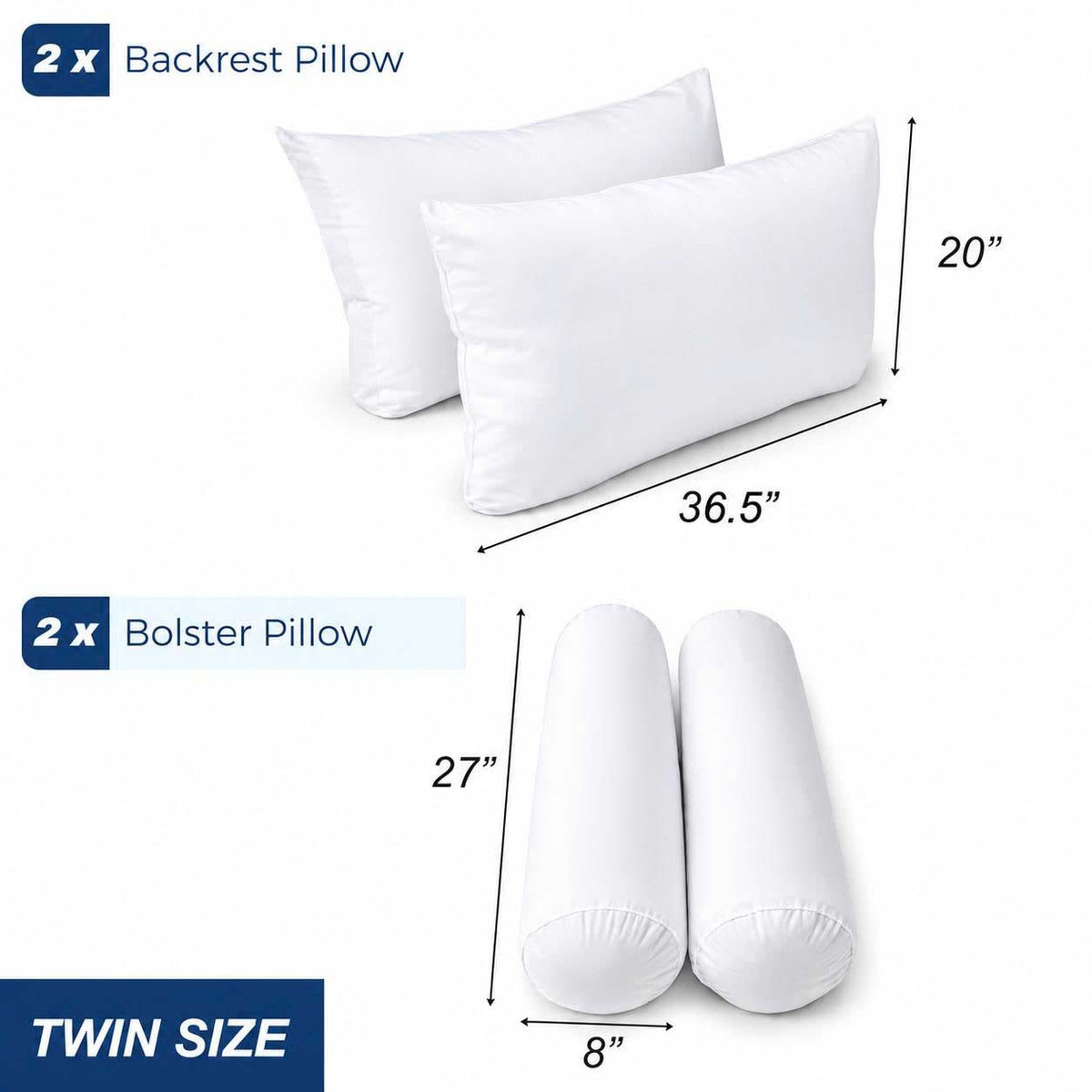 STYLE 2 TWIN SIZE Pillow & Bolster Cushion Polyester Fiberfill Inserts for Outdoor Indoor Daybed Porch Swing Bed | INSERT ONLY |