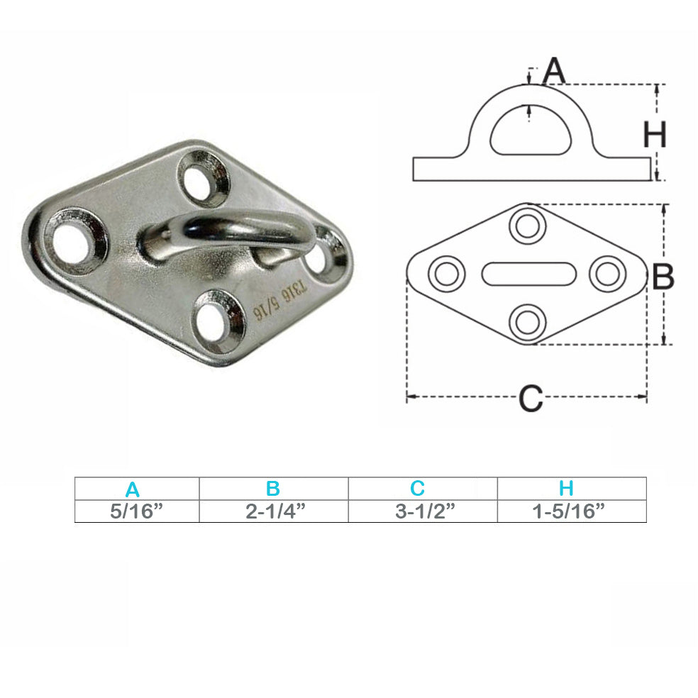 Marine Boat Stainless Steel 5/16" Diamond Pad Eye Welded SS316 Eye Pad Lift Rig
