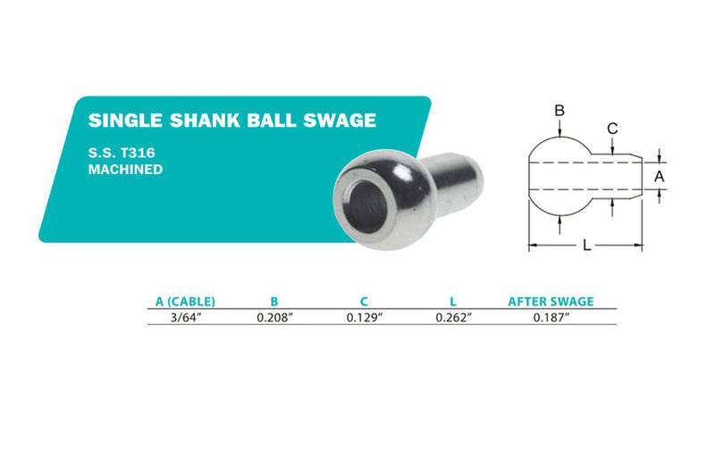 10 PC 3/64" Single Shank Ball Stainless Steel 316 Swage Fitting Terminal Cable Wire