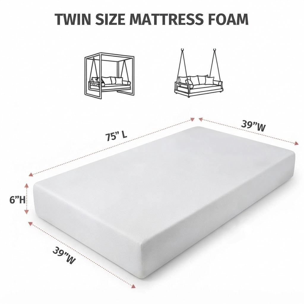 Replacement Outdoor Foam Daybed Mattress High Density 1.8 PCF Medium Firm For Patio Daybed Porch Swing Bed, 6" Thickness