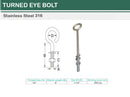 Marine Boat Stainless Steel T316 Turned Eye Bolt Nut and Washer _ Various Sizes