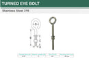 Marine Boat Stainless Steel T316 Turned Eye Bolt Nut and Washer _ Various Sizes