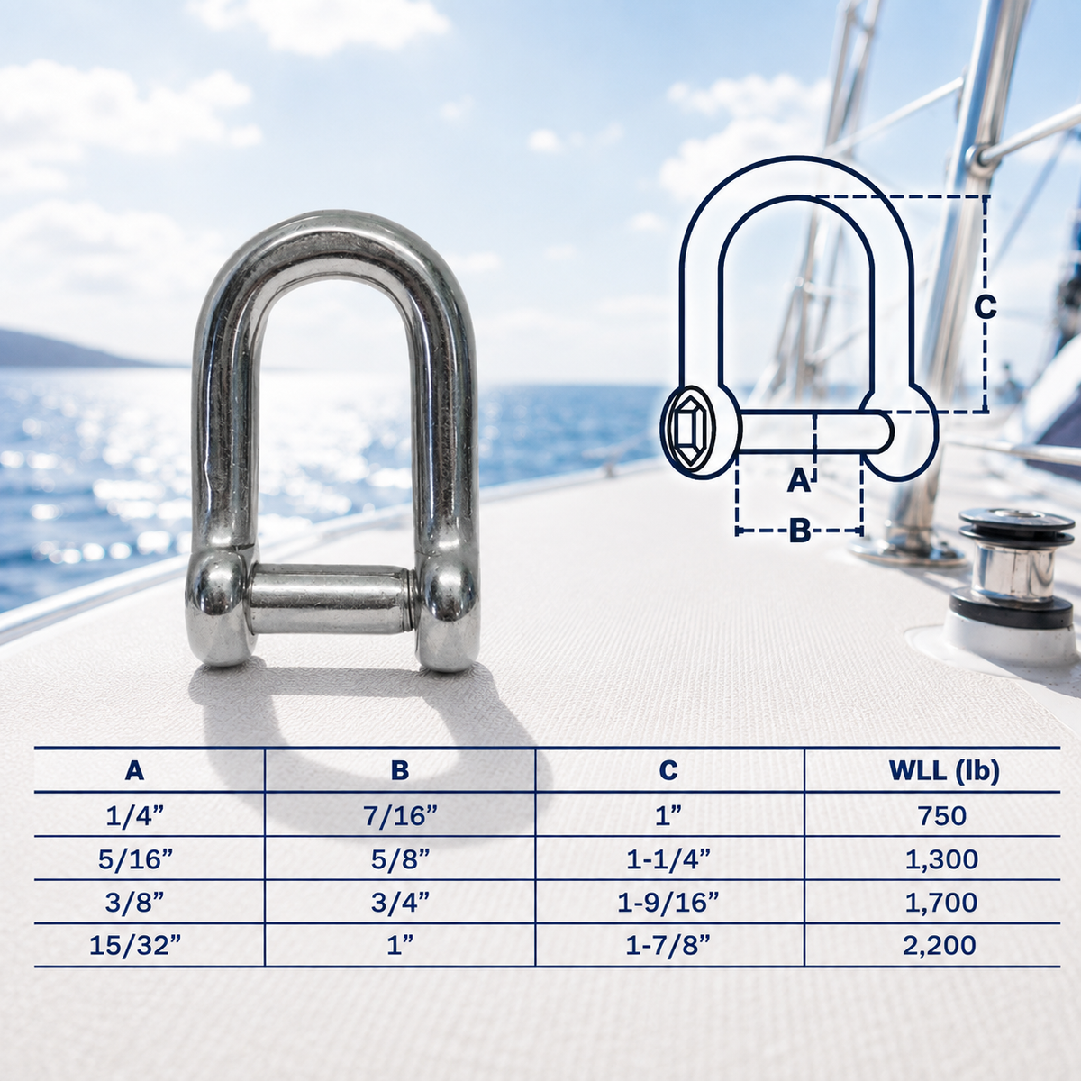 4 Pc Set Marine T316 Stainless Steel D Shackle with Hex Sink Screw Pin, Marine Grade Rigging Shackle for Chain, Rope, and Cable