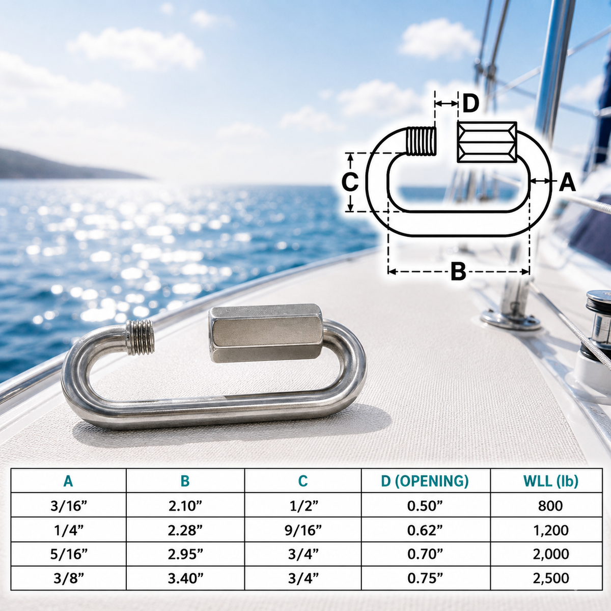4 Pc Set Marine T316 Stainless Steel Long Quick Link, Connect Link Chain Connector for Rigging, Rope, Cable