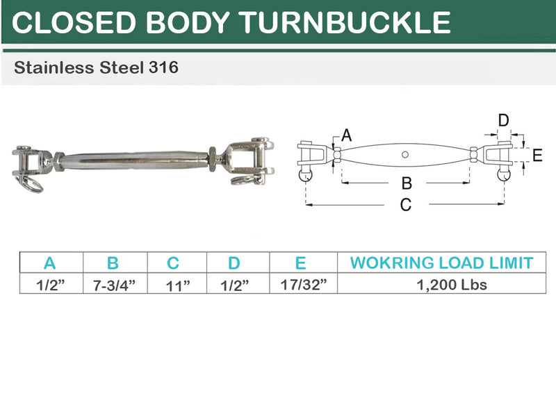 1/2" Marine Stainless Steel Closed Body Turnbuckle JAW JAW Rigging 1,200 Lbs