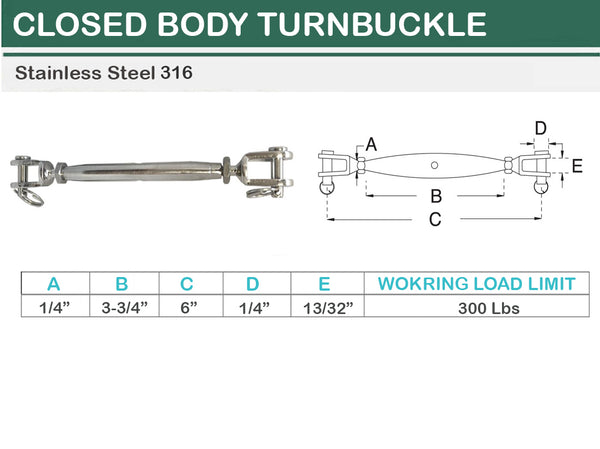 1/4" Marine Stainless Steel Closed Body Turnbuckle JAW JAW Rig 300 Lbs