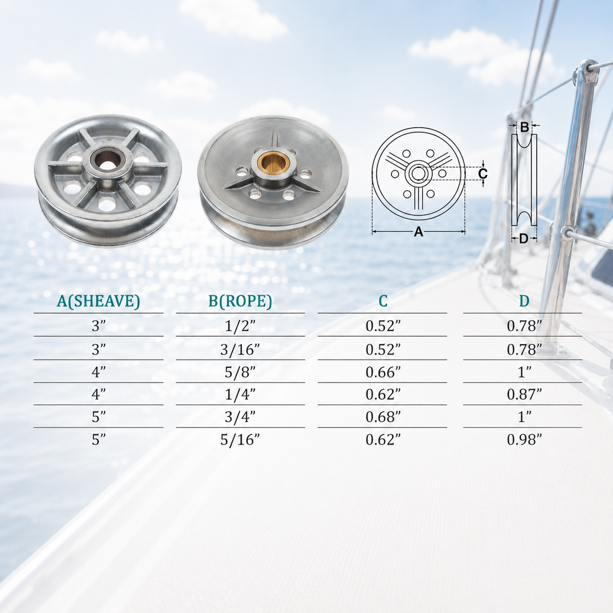 Marine Boat T304 Stainless Steel Sheave Wire Rope Pulley with Brass Bushing for Cable, Rigging, Deck, and Outdoor Use