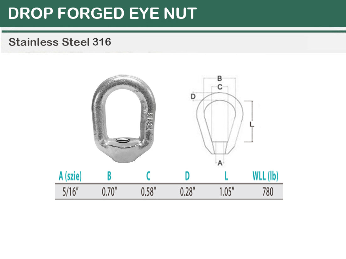 2 PC Stainless Steel T316 Forged Style 5/16" Eye Nut WLL 780 Lbs Lifting Marine Thread Ring Oval