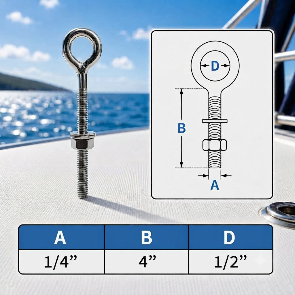 4 Pc Set Marine T316 Stainless Steel Welded Plain Eye Bolt, Rigging Lifting Hardware for Deck, Dock, Cable, Chain, and Rope