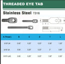 T316 Stainless Steel Threaded Eye Tab 5/16"-18 Thread, 5/16"-24 Thread, 5/16"-Lag Thread - PACK 5