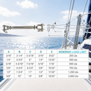 Stainless Steel Jaw Jaw Closed Body Turnbuckle, 3/16", 1/4", 5/16", 3/8", and 5/8" Rigging Tensioner