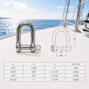 Marine Boat T316 Stainless Steel D Shackle with Hex Sink Screw Pin, Marine Grade Rigging Shackle for Chain, Rope, and Cable