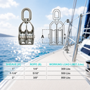 Stainless Steel 316 Double Pulley Block, Marine Wire Rope and Chain Hoist Pulley for 1", 1-1/4", and 2" Sizes