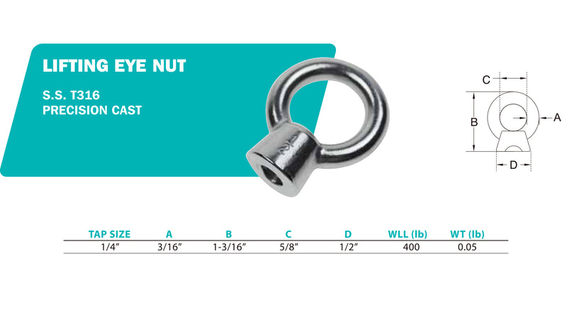 Stainless Steel 316 Lifting Eye Nut, UNC Tap, Size 1/4" to 1-1/4"