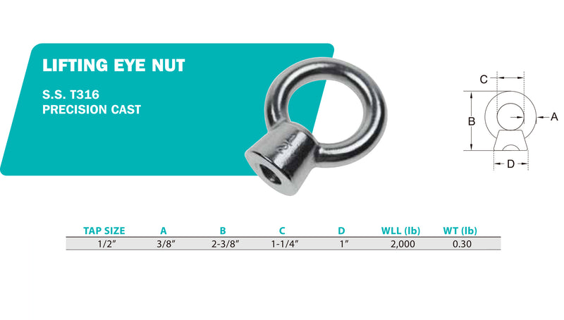 1/2"  Boat Marine 316 Stainless Steel Lifting Eye Nut 2,000 LB Cap UNC Tap