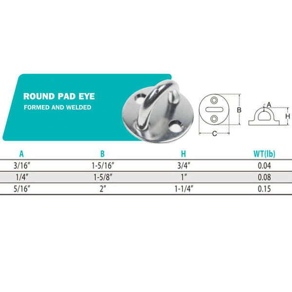 Stainless Steel Round Pad Eye Plate 3/16'', 1/4'', 5/16'' Marine Boat Wire Cable