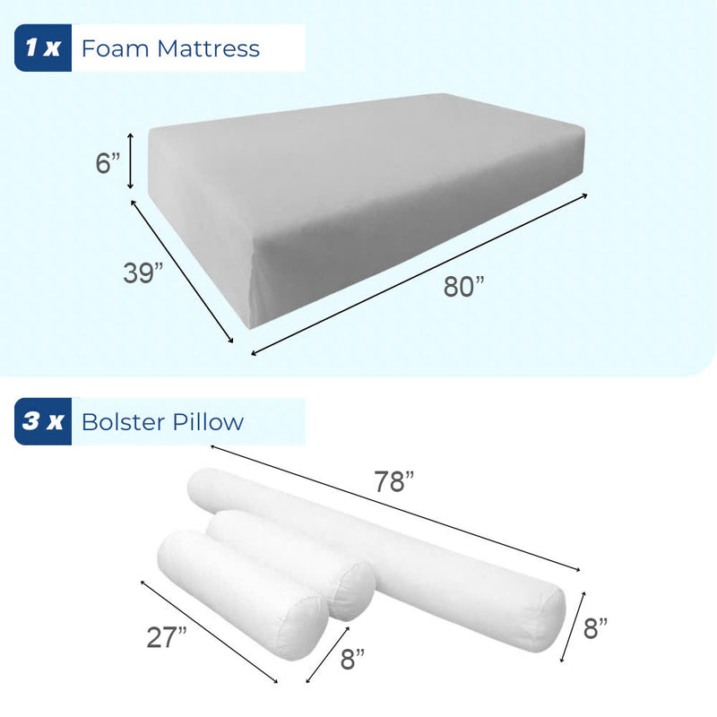 STYLE 6 Twin-XL Size Mattress Foam, Bolster Pillow Cushion Polyester Fiberfill Inserts for Outdoor Indoor Daybed Porch Swing Bed | INSERT ONLY |